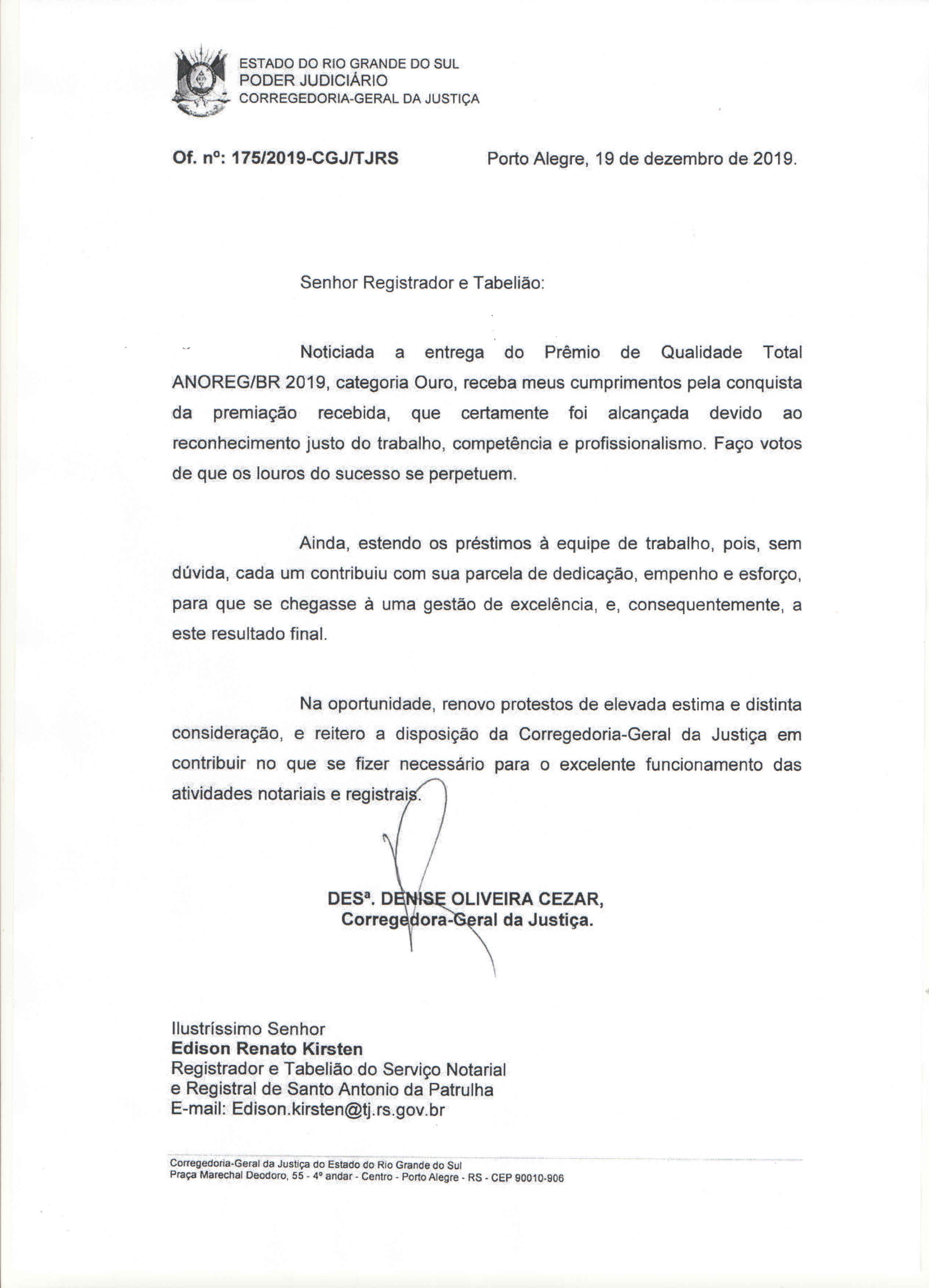 CORREGEDORIA GERAL DA JUSTIÇA PARABENIZA O CARTÓRIO KIRSTEN