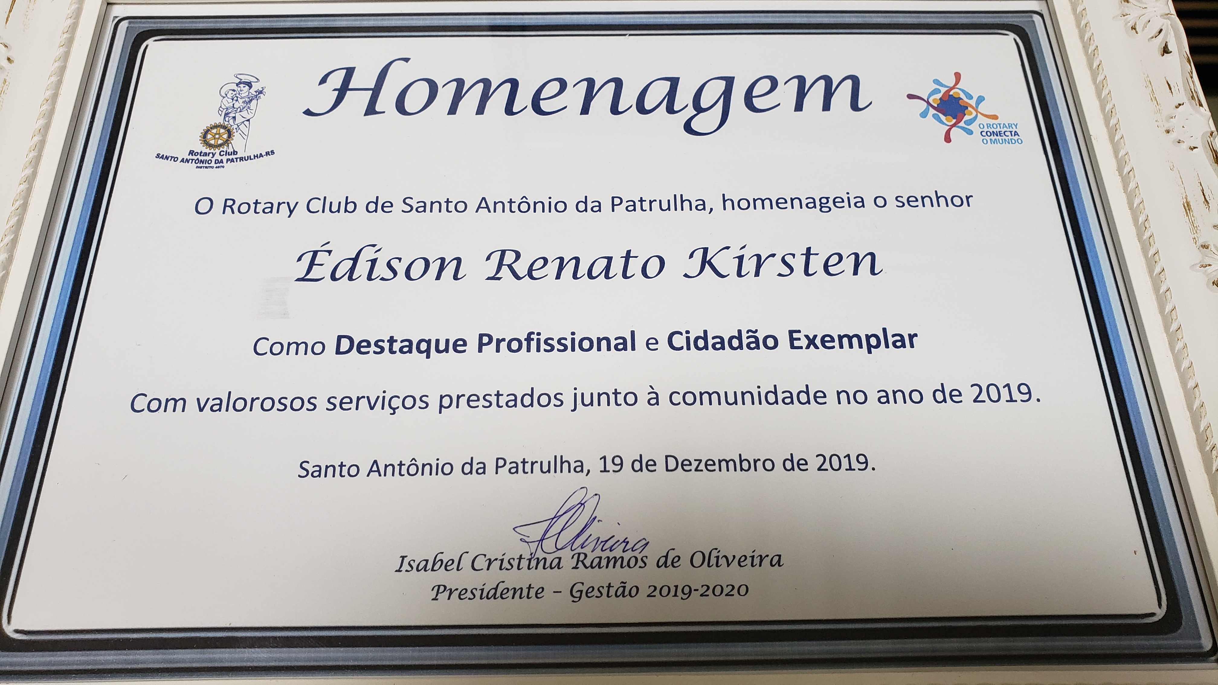 ROTARY CLUB escolhe o titular do Cartório Kirsten como DESTAQUE PROFISSIONAL DO ANO DE 2019