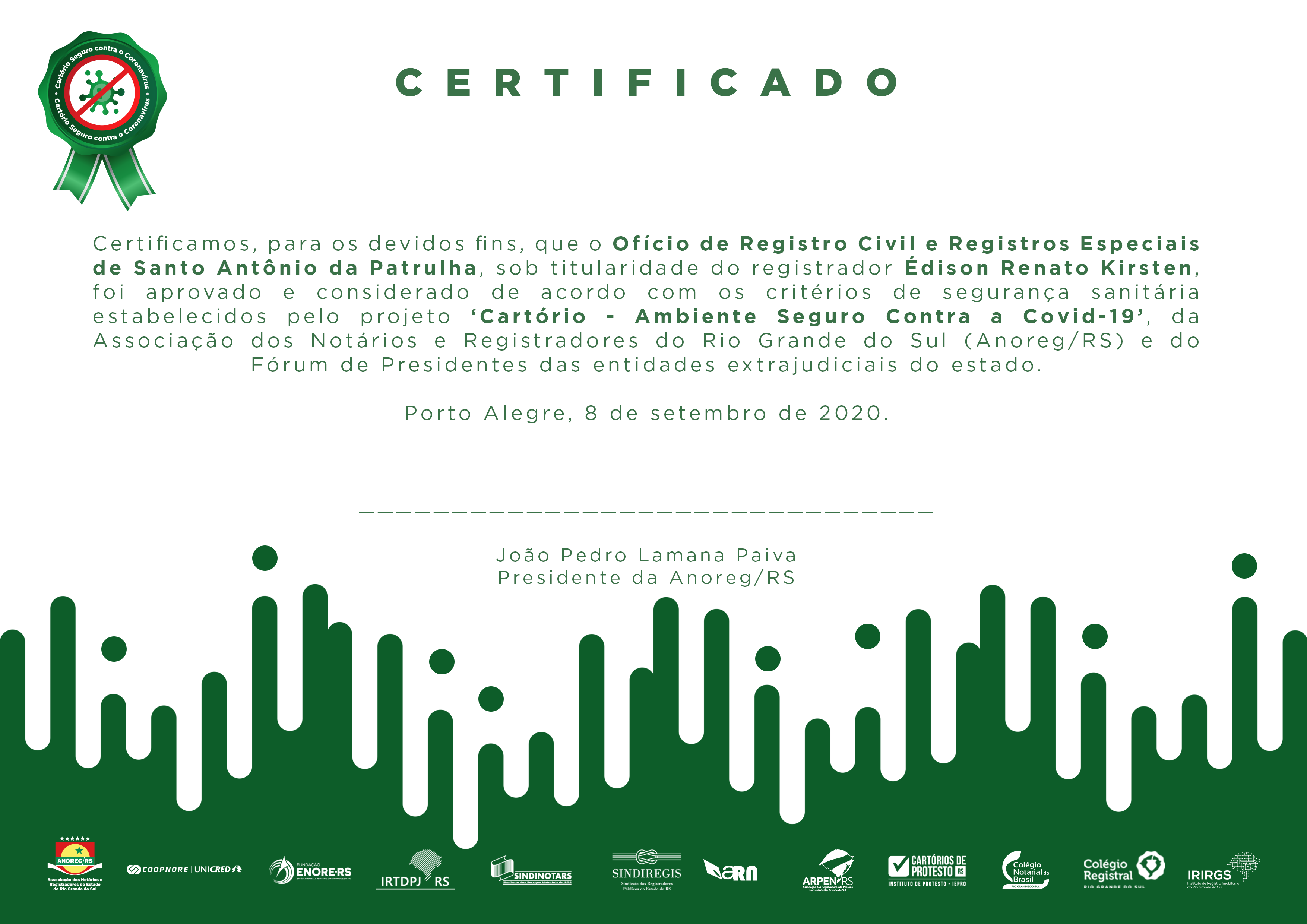 CARTÓRIO KIRSTEN recebe Selo Institucional Cartório Ambiente Seguro Contra a COVID-19